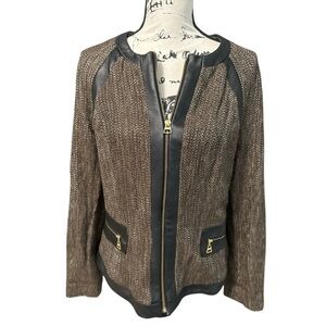 Elegant Madison Hill Brown Tweed Jacket Black Vegan Leather Trim Full Zip Up 12